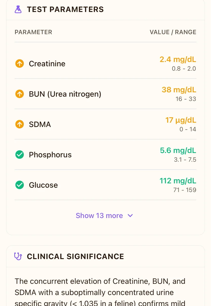 Interpretarea VetVault a unor analize de sânge la pisică: creatinină 2,4 mg/dL, BUN 38 mg/dL și SDMA 17 &micro;g/dL marcate ca crescute, fosfor și glucoză în limite normale