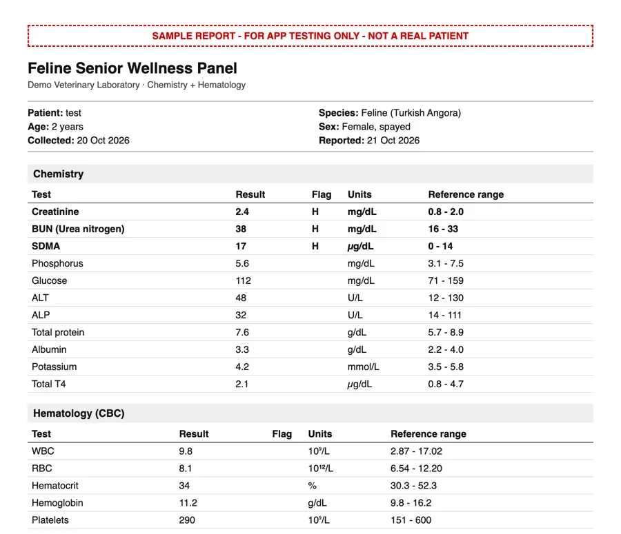 Sample feline senior wellness panel with chemistry, hematology and urinalysis results